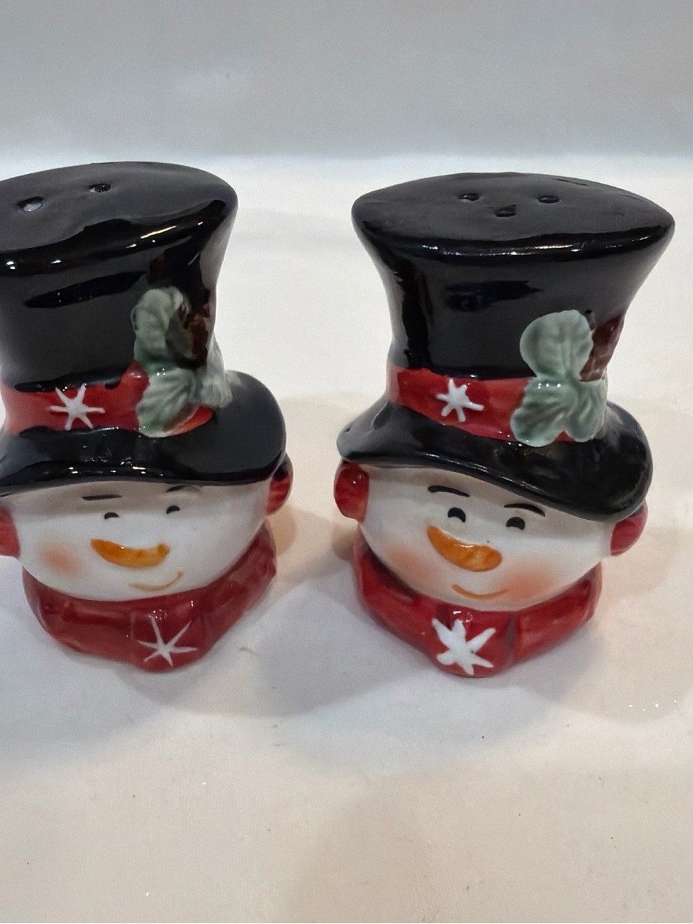 Ceramic Snowman Salt and Pepper Shaker Set - Red, Black and White